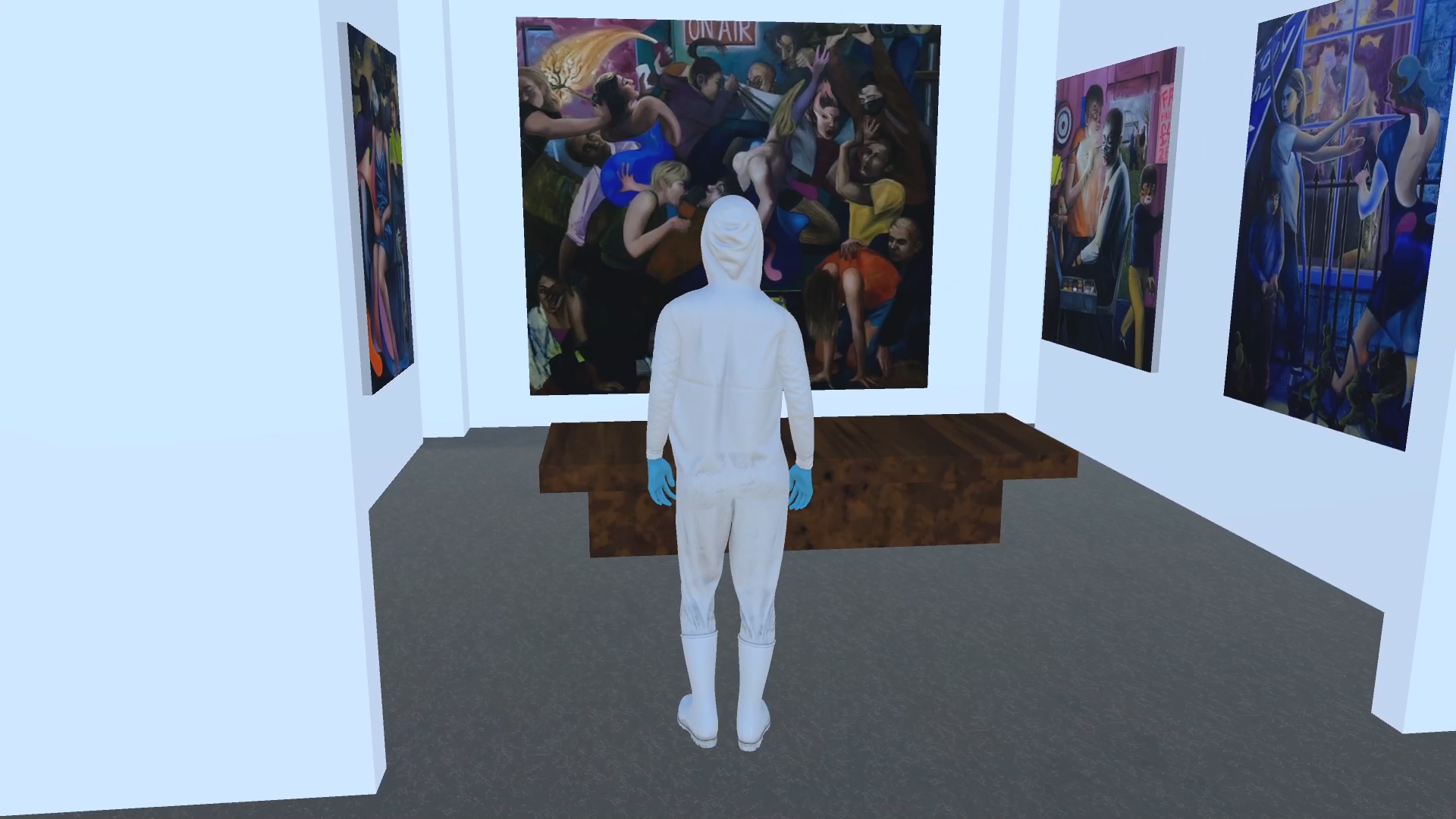 A virtual avatar standing in a 3D environment looking at paintings on the walls