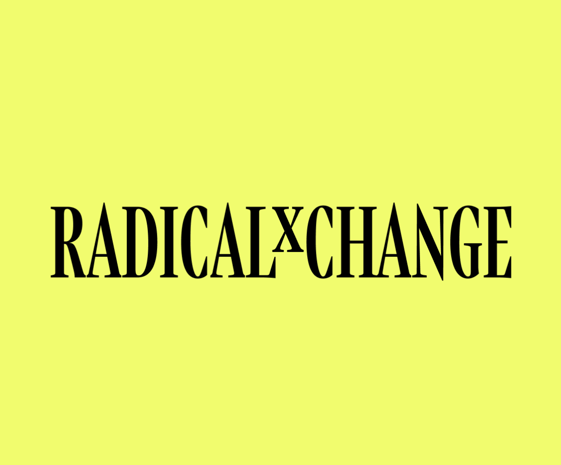 A logo depicting the word 'RadicalxChange' in a sans-serif typeface on a bright yellow background
